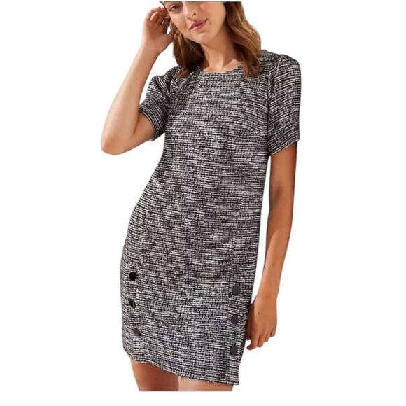 Loft Womens Size 12 Dress Tweed short sleeve Puffed Black Ivory Academia Style - Picture 1 of 10